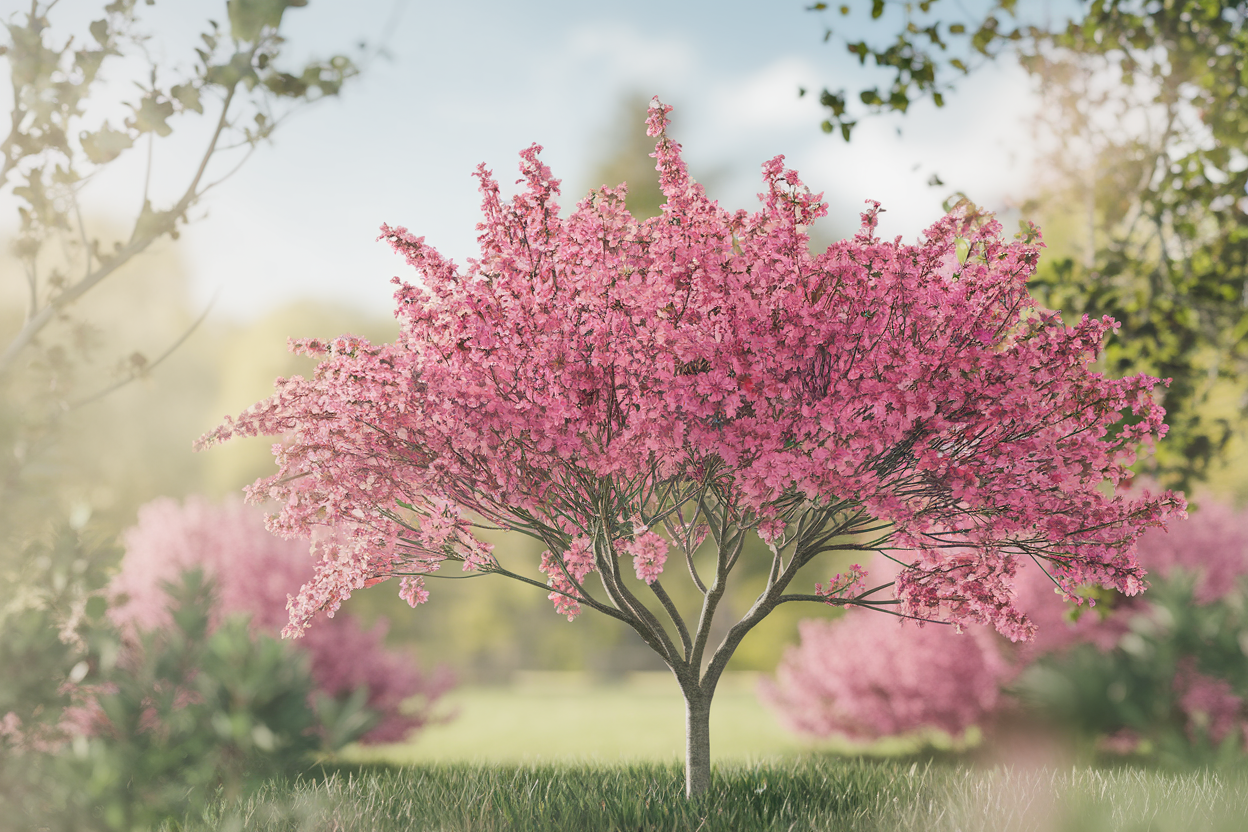 arbre-judee-fleurs-roses-jardin