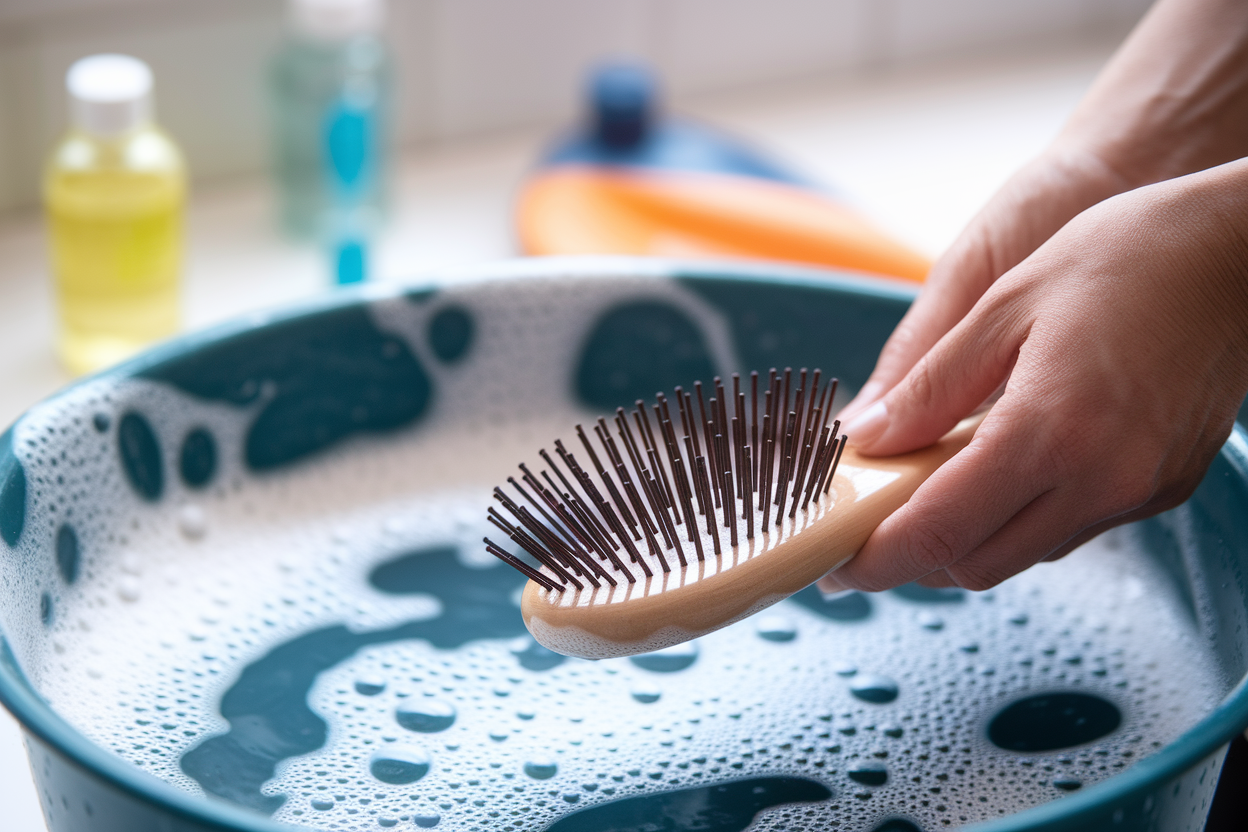 main-brosse-cheveux-bassin-moussant-fond-flou