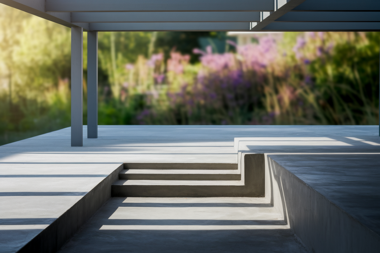 patio-concret-minimaliste-pergola-jardin-fleuri