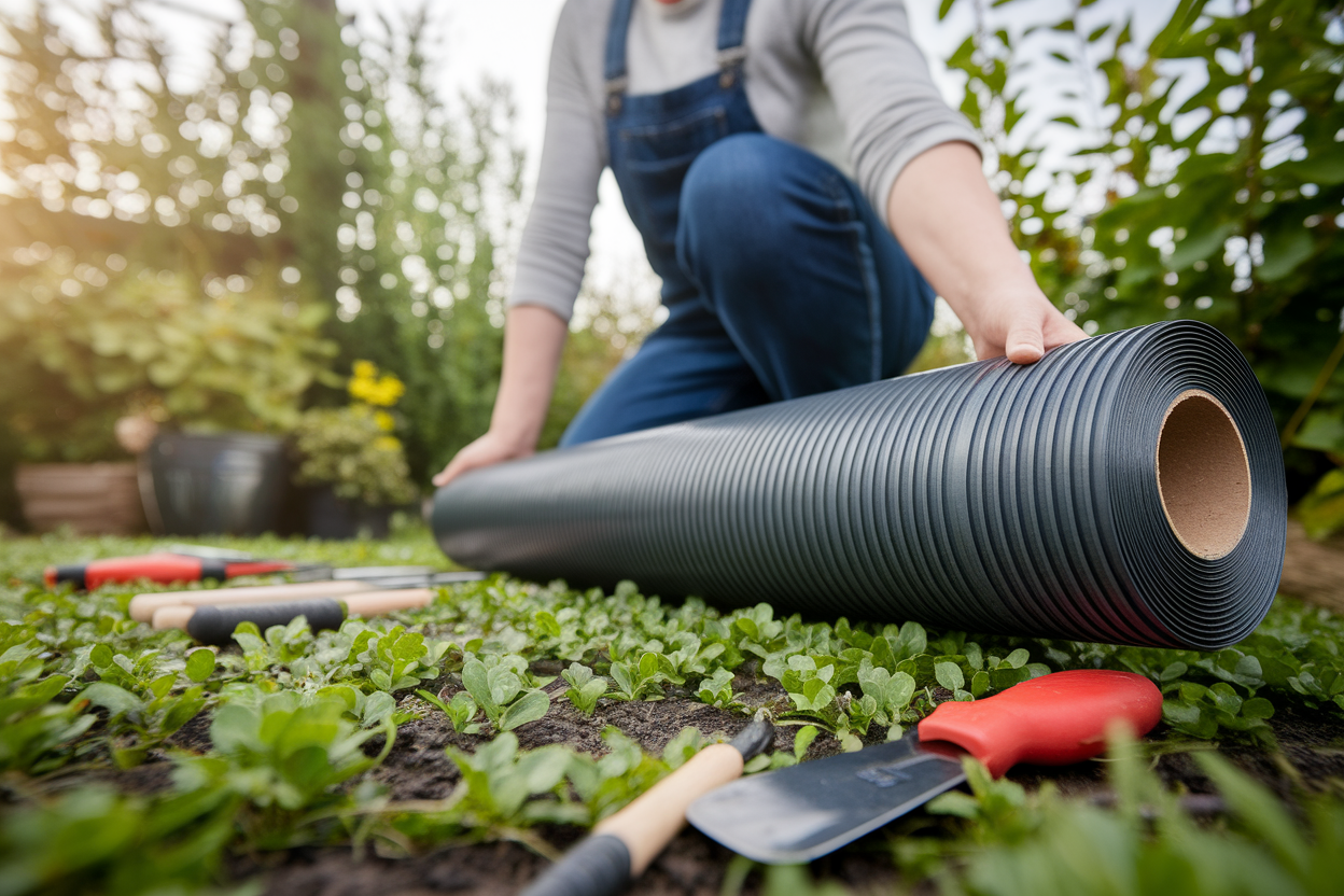 personne-agenouillee-rouleau-grillage-jardin